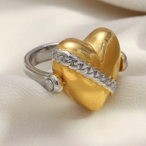 Bague Coeur Acier Inoxydable Bicolore Plaqué Or 18K Détail Chaîne Stéréoscopique 3D Bijoux Pour Femmes