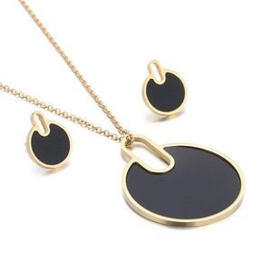 Elegant gold-tone titanium necklace and stud earrings set with black round pendants