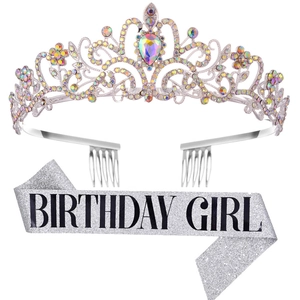 Detailed set featuring a sparkling rhinestone tiara and a silver Birthday Girl glitter sash