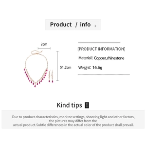 Detailed product info for copper rhinestone water drop necklace and earrings set