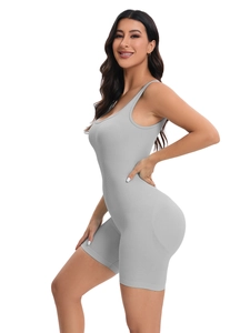 Detail of grey ribbed seamless unitard showing fabric texture and slim fit design