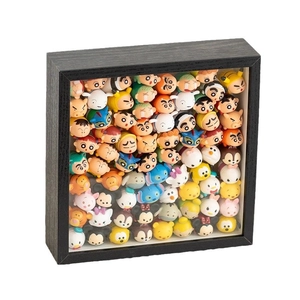 Black wooden frame 3D display shadow box filled with colorful cartoon doll collection