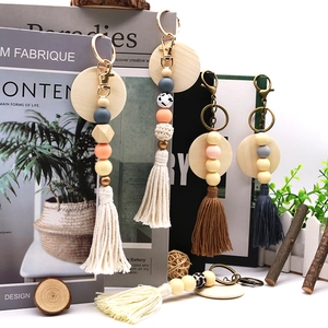 Bohemian tassel wood bead keychain with natural round wood slice and metal ring