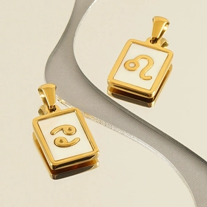 Golden stainless steel zodiac square pendant necklace with white shell inlay for women