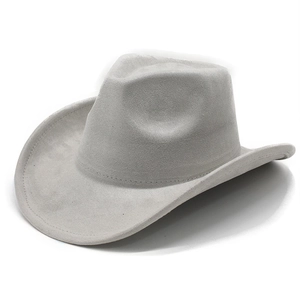 Detail of light gray suede cowboy hat showing fine stitching on the wide brim and crown