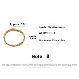 Detail view of double-layered gold ring bracelet with rhinestones and product specs
