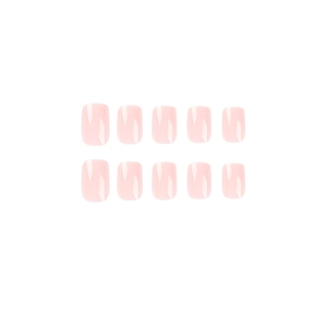 Translucent pink press-on nails in medium square shape set on a white background
