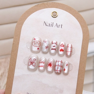 Press On Nägel Cat Eye Effekt ABS Kunststoff Abnehmbar Süßes Welpen Herz Rotes Bogen Gitter Design Für Frauen Süße Nagelkunst