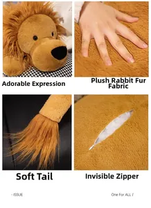 Macro shot of soft plush lion fabric with embroidery, faux fur tail and hidden zipper detail