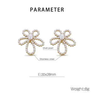 Macro view of flower earrings showing shell pearl inlays and stainless steel petals
