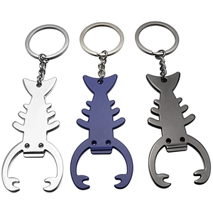 Multifunctional lobster shaped metal bottle opener keychain in silver, blue and grey