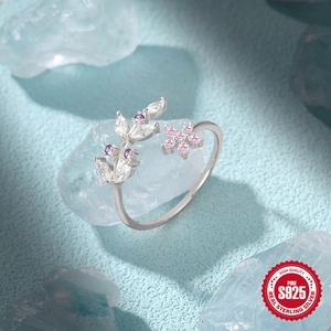 925 silver leaf and pink floral open ring with marquise zircon on crystal ice blocks
