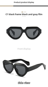 Macro detail of black irregular geometric sunglasses with thick C1 black-grey lenses