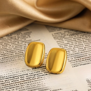 18K Gold Plated Stainless Steel Rectangular Stud Earrings Glossy Concave Geometric Design For Women Versatile Jewelry Gift