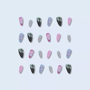 Gothic Halloween press-on nails set with almond shape, spooky eyeballs and fluid patterns