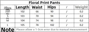 Guide des tailles détaillé pour pantalon à imprimé fleuri avec mesures de taille et hanches