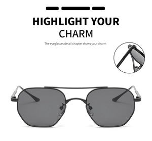 Detailed close-up of double-bridge metal hinges and gray lenses on black sun glasses