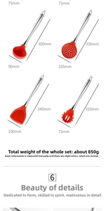 Macro detail of red food-grade silicone and stainless steel 4-piece kitchen utensil set