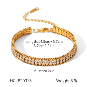 Detail of 18K gold stainless steel bracelet with double-row white zircons and dimensions
