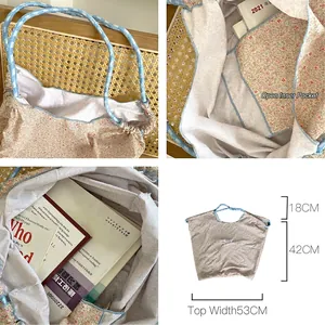 Floral canvas tote bag with large capacity and blue braided handles in a four-grid view