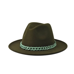 Detail of olive green fedora hat featuring a light mint green chain link band decor