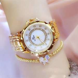 Women Quartz Watch Full Rhinestone Flower Mother Of Artificial Pearl Dial Alloy Link Bracelet Waterproof Fashion Elegant Jewelry