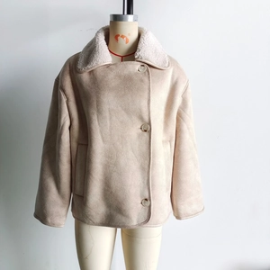 Macro detail of faux suede warm jacket showing collar fleece and button textures