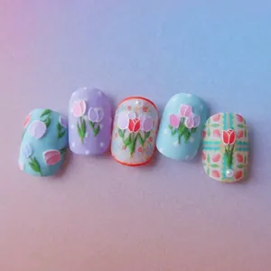 5-piece set of 5D embossed tulip nail art stickers with macaron tones and pearl accents
