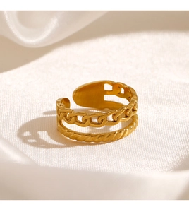 Close-up of double-layered 18K gold-plated stainless steel chain ring on white silk fabric