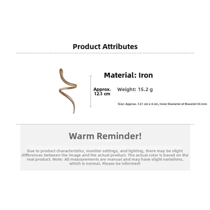 Detailed specs of a gold snake wrap bracelet showing dimensions, weight, and inner diameter