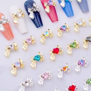 Bowknot heart zircon nail art alloy charms set in assorted colors for manicure DIY decoration