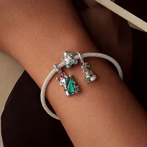 S925 sterling silver Christmas bracelet with snowman, bear, and bell charms on snake chain