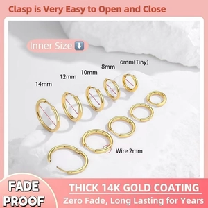 Polished 14K gold plated stainless steel hoop earrings in 6mm to 14mm sizes
