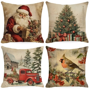 Set of 4 vintage Christmas decorative pillow covers with Santa and truck prints