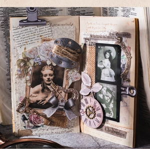 Macro detail of vintage scrapbook kit featuring metal charms and retro paper textures