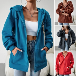 Women Polar Fleece Zip Up Hoodie Jacket Long Sleeve Loose Fit Drawstring Solid Color Casual Hooded Sweatshirt With Pockets
