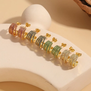 Elegant C Shaped Hoop Earrings For Women Multi Layer Copper With Colorful Zircon Micro Pave Gold Plated Luxury Jewelry