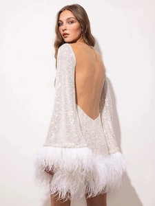 Elegant white sequin mini dress with backless design and fluffy feather trim sleeves