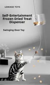 Detail of hanging door cat toy with treat dispenser and interactive feathers