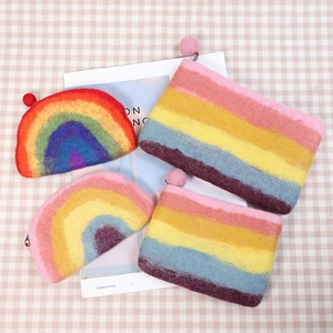 Handmade Wool Felt Coin Purse Rainbow Striped Macaron Mini Zipper Wallet Storage Bag For Coins Cards Keys Cute Pouch