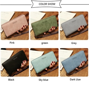 Close-up of matte PU leather women's long wallets in six colors with wrist straps