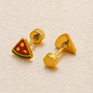 Summer watermelon stud earrings in gold with red and green enamel on a beige background