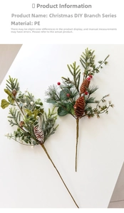 Close-up detail of artificial Christmas pine needles with cones and red berries for DIY decor