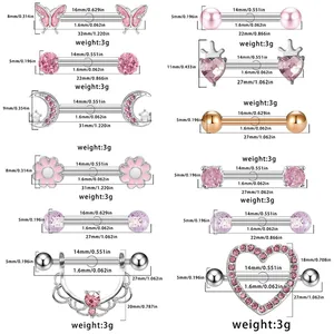 Tableau détaillé des tailles pour bijoux de téton en acier inoxydable coeur et papillon