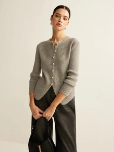 Slim fit grey ribbed knit cardigan for women featuring elegant round gold metal buttons