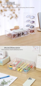 Detailed view of 4-tier clear acrylic drawer box for glasses and desktop organization
