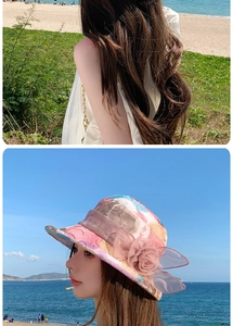Detail of summer sun hat with pink 3D flower decor and breathable floral patchwork fabric