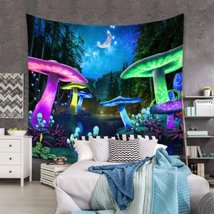 Detailed view of bohemian fantasy mushroom forest tapestry hanging as bedroom decor
