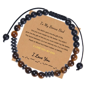 Adjustable tiger eye bead bracelet for men with Morse code card on white background