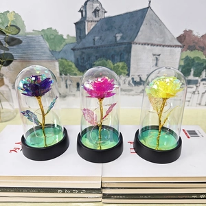 Detailed trio of luminous colorful rose night lights with LED strings and glass domes